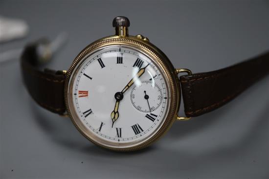 A gentlemans early 20th century 18ct gold Borgel case manual wind wrist watch, on a leather strap, gross 38.9 grams.